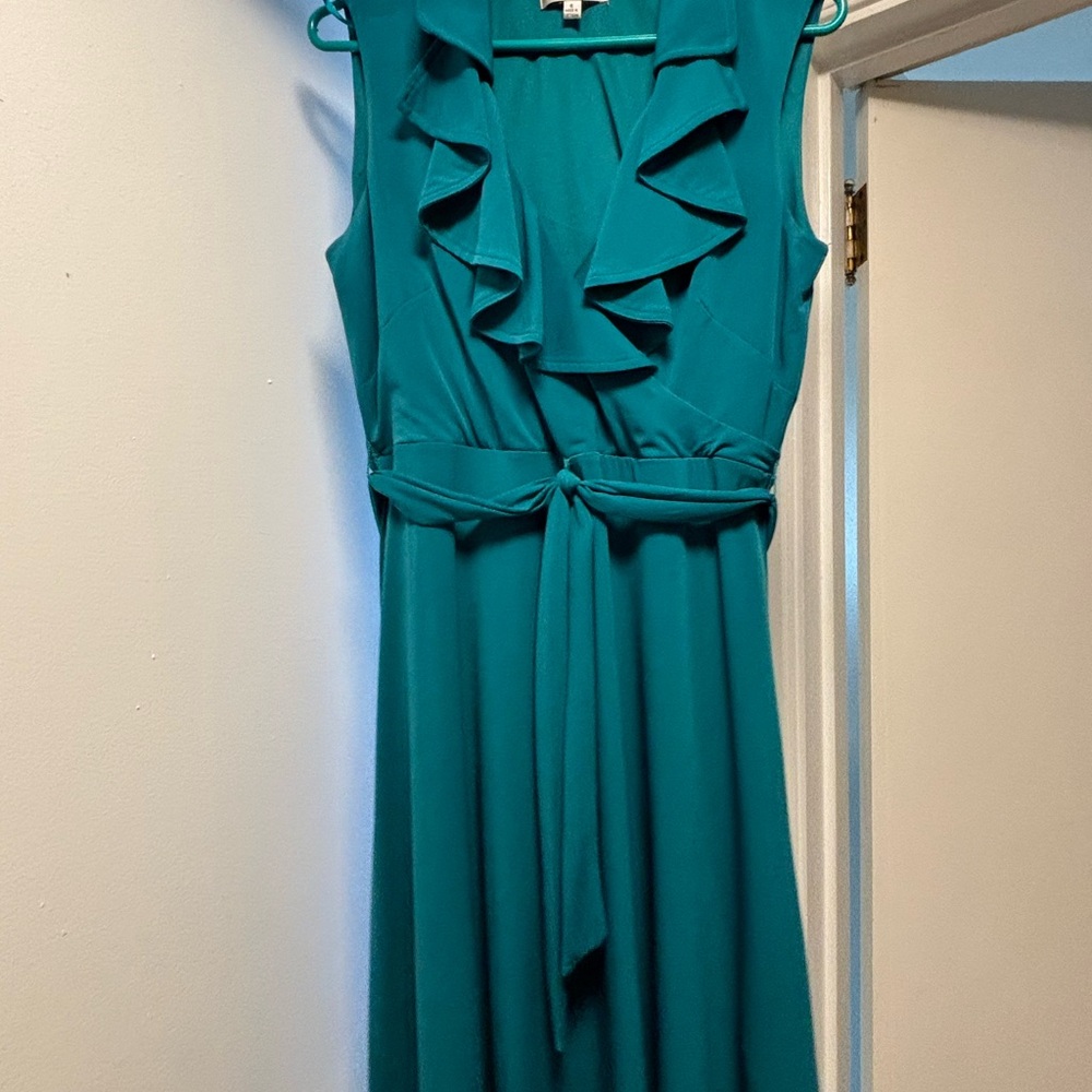 Sandra Darren Teal Ruffle Maxi Dress
